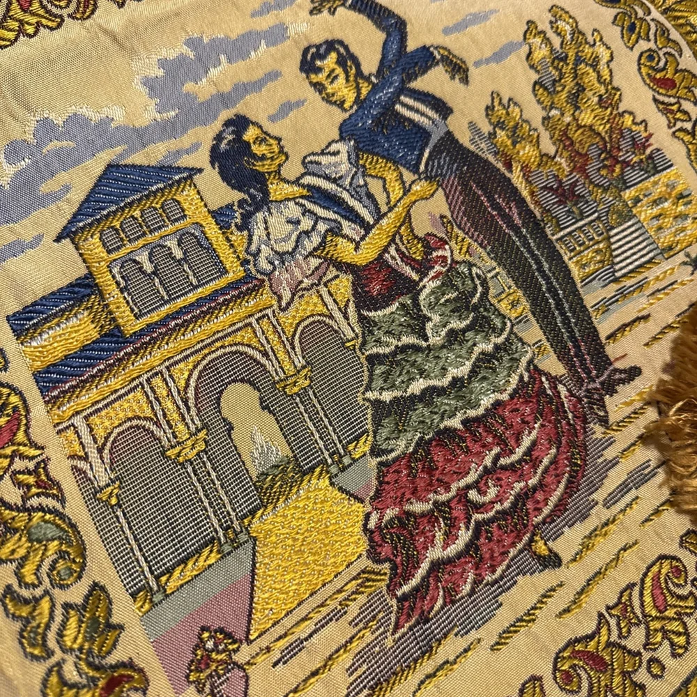 Spanish Tapestry Scarf Sevilla Spain Embroidered Manton Altar Table 48x48 Vtg